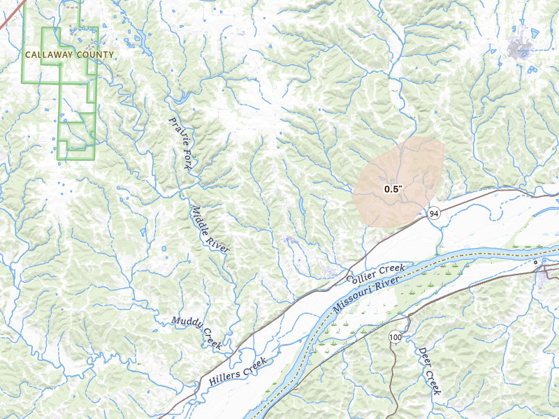Radar-estimated hail-size map of the storm over Mokane, MO on Apr 27, 2026