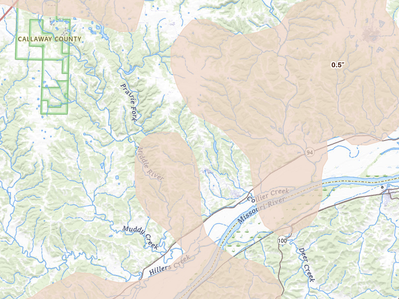 Radar-estimated hail-size map of the storm over Mokane, MO on May 31, 2026