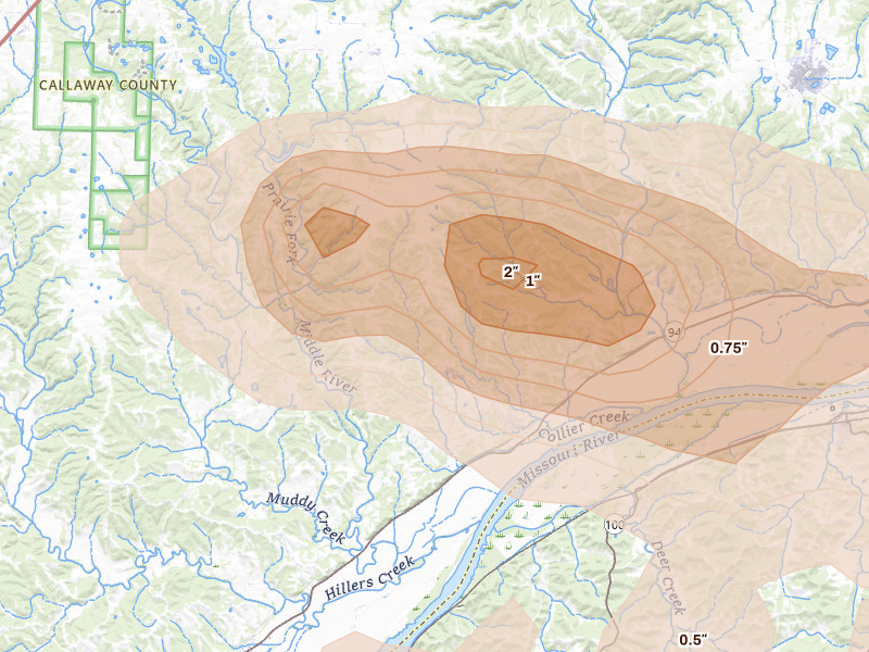 Radar-estimated hail-size map of the storm over Mokane, MO on Jul 31, 2026