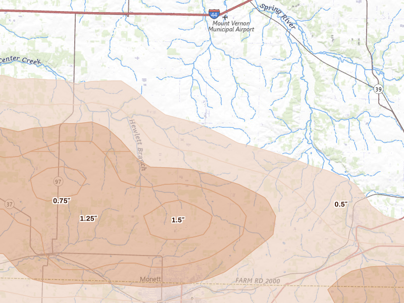 Radar-estimated hail-size map of the storm over Monett, MO on Apr 26, 2026