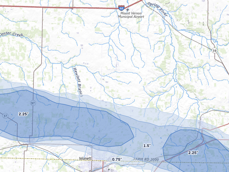 NEXRAD radar-signature map of the hail over Monett, MO