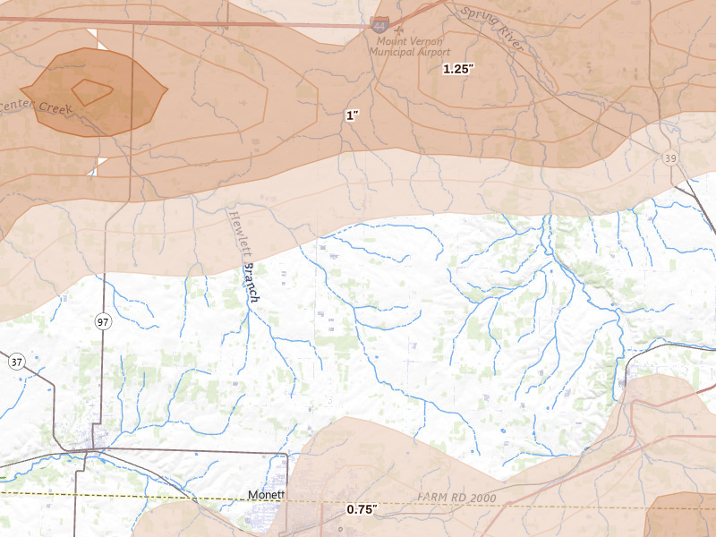 Radar-estimated hail-size map of the storm over Monett, MO on Apr 27, 2026