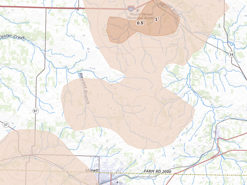 Radar-estimated hail-size map of the storm over Monett, MO on May 30, 2026