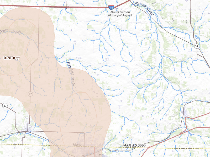 Radar-estimated hail-size map of the storm over Monett, MO on Jul 4, 2026