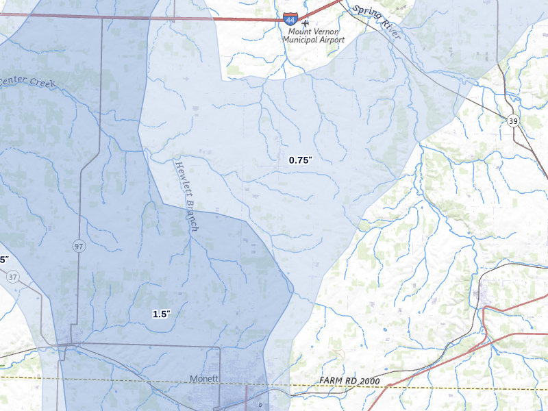 NEXRAD radar-signature map of the hail over Monett, MO