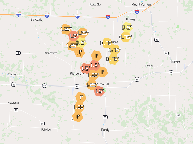 Hail map of Monett, MO on Jul 5, 2026, hail up to 1.5"