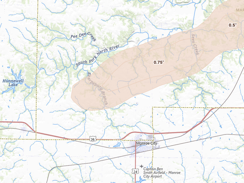 Radar-estimated hail-size map of the storm over Monroe City, MO