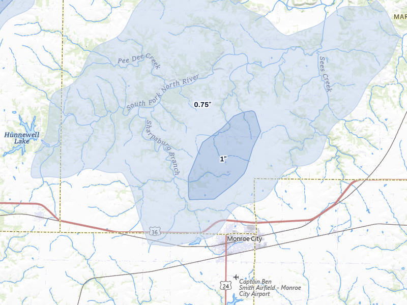 NEXRAD radar-signature map of the hail over Monroe City, MO