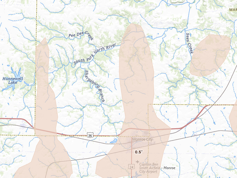 Radar-estimated hail-size map of the storm over Monroe City, MO on Apr 27, 2026