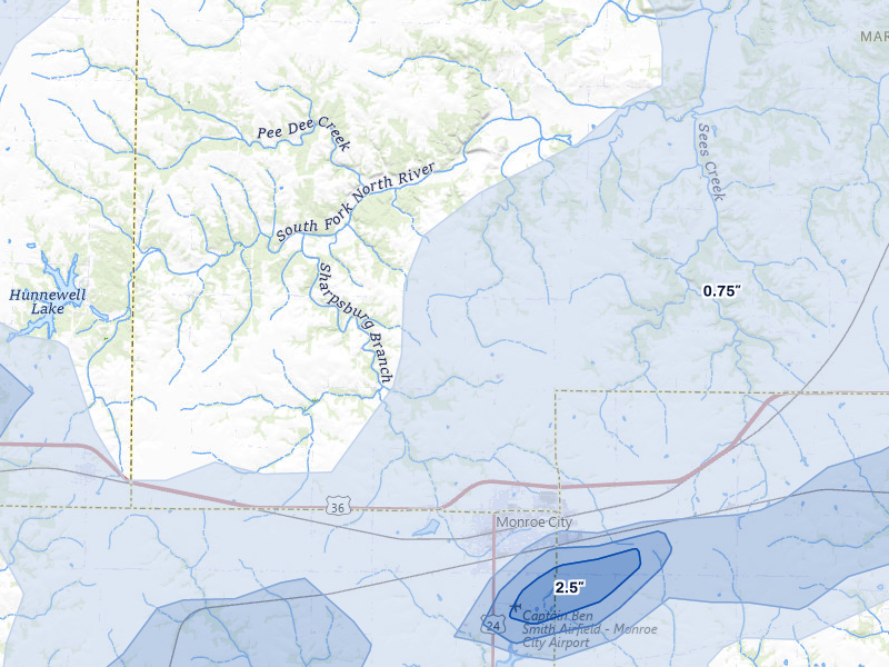 NEXRAD radar-signature map of the hail over Monroe City, MO