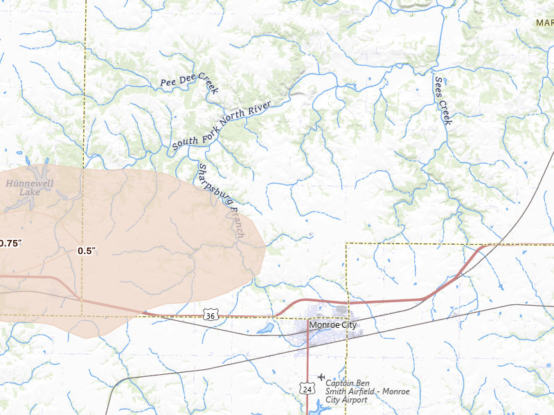 Radar-estimated hail-size map of the storm over Monroe City, MO on May 4, 2026