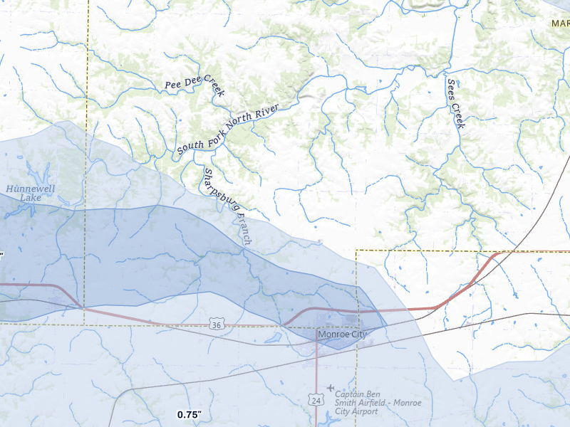 NEXRAD radar-signature map of the hail storm over Monroe City, MO on May 4, 2026