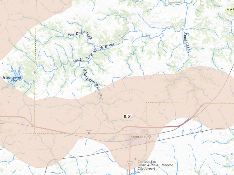Radar-estimated hail-size map of the storm over Monroe City, MO on Jun 11, 2026