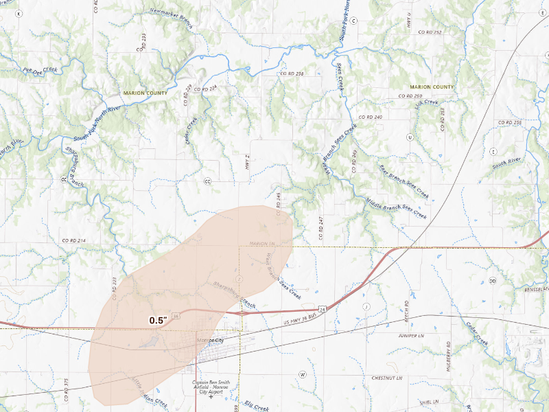 Radar-estimated hail-size map of the storm over Monroe City, MO