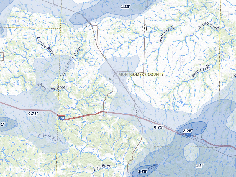 NEXRAD radar-signature map of the hail over Montgomery City, MO