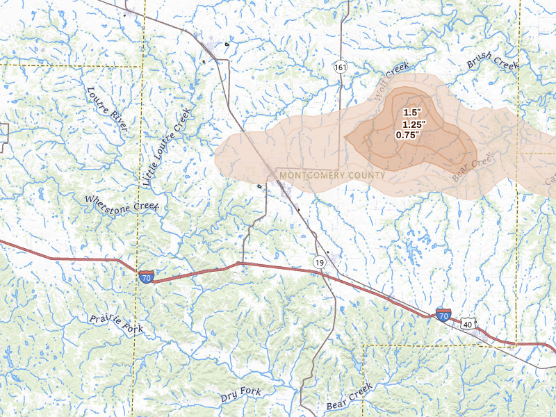 Radar-estimated hail-size map of the storm over Montgomery City, MO on May 3, 2026