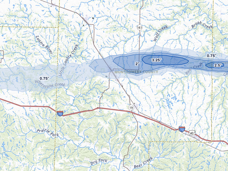 NEXRAD radar-signature map of the hail storm over Montgomery City, MO on May 3, 2026