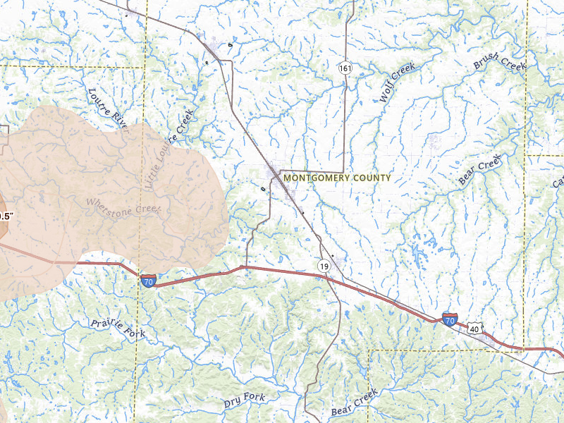 Radar-estimated hail-size map of the storm over Montgomery City, MO on May 31, 2026