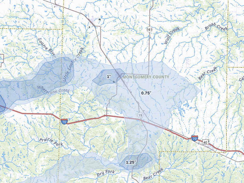 NEXRAD radar-signature map of the hail storm over Montgomery City, MO on May 31, 2026