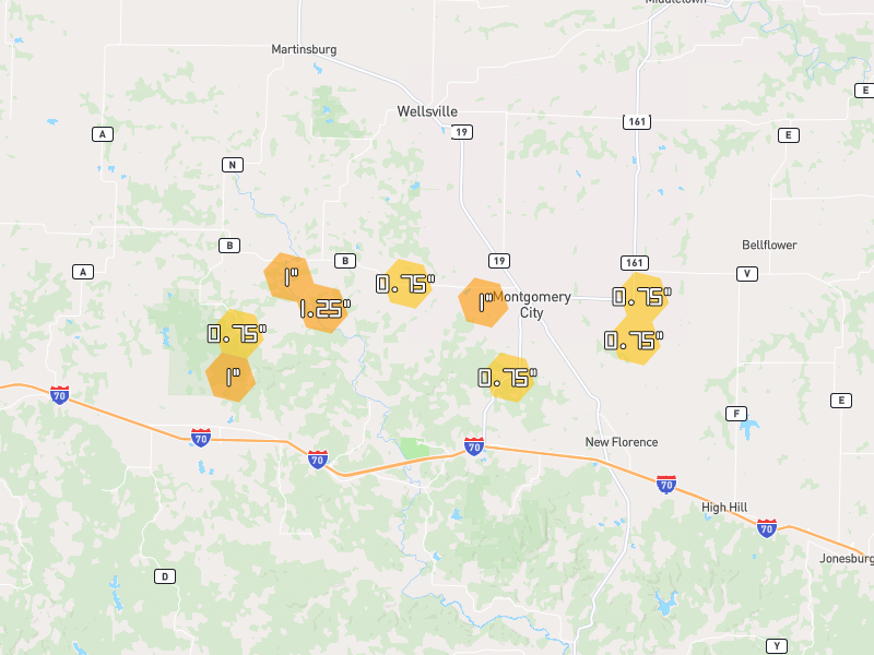 Hail map of Montgomery City, MO on Jun 1, 2026, hail up to 1.25"