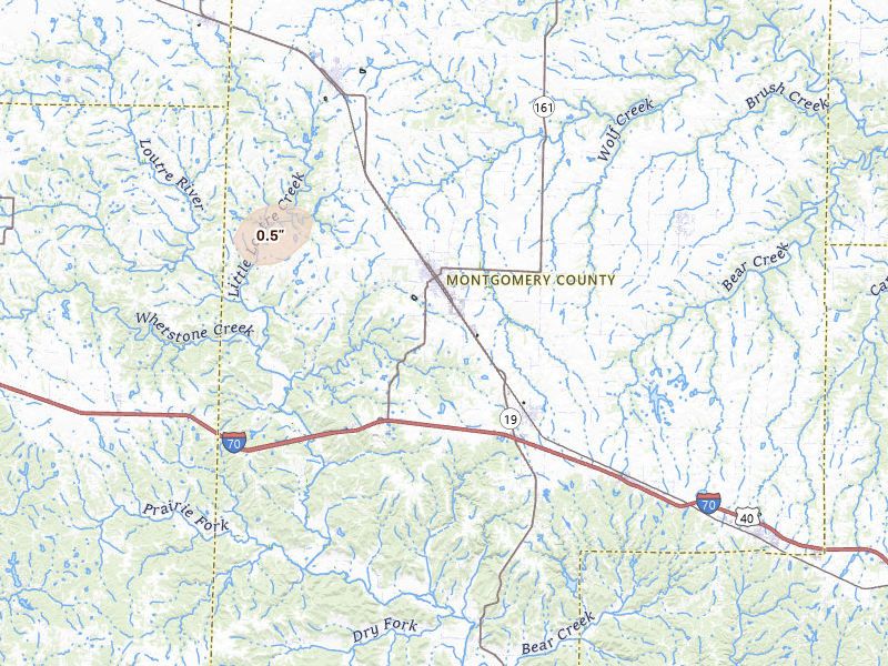 Radar-estimated hail-size map of the storm over Montgomery City, MO on Jun 12, 2026