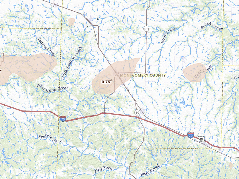 Radar-estimated hail-size map of the storm over Montgomery City, MO on Jul 10, 2026