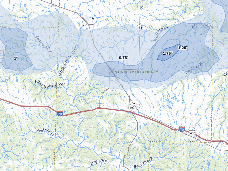 NEXRAD radar-signature map of the hail storm over Montgomery City, MO on Jul 10, 2026