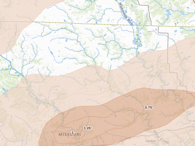 Radar-estimated hail-size map of the storm over Monticello, MO on Jun 10, 2026