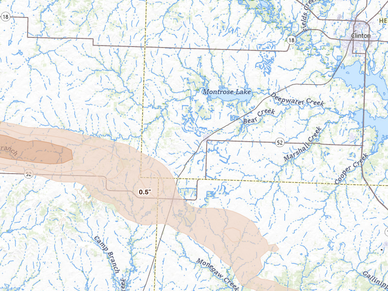 Radar-estimated hail-size map of the storm over Montrose, MO on May 8, 2026