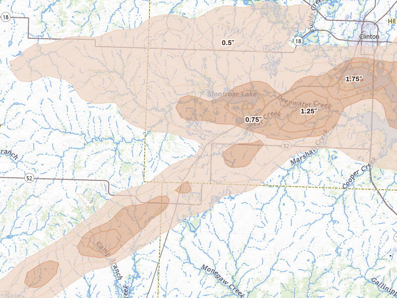 Radar-estimated hail-size map of the storm over Montrose, MO on Jun 11, 2026