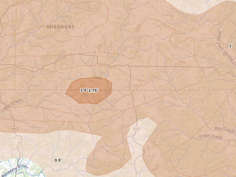 Radar-estimated hail-size map of the storm over Moody, MO on Apr 27, 2026
