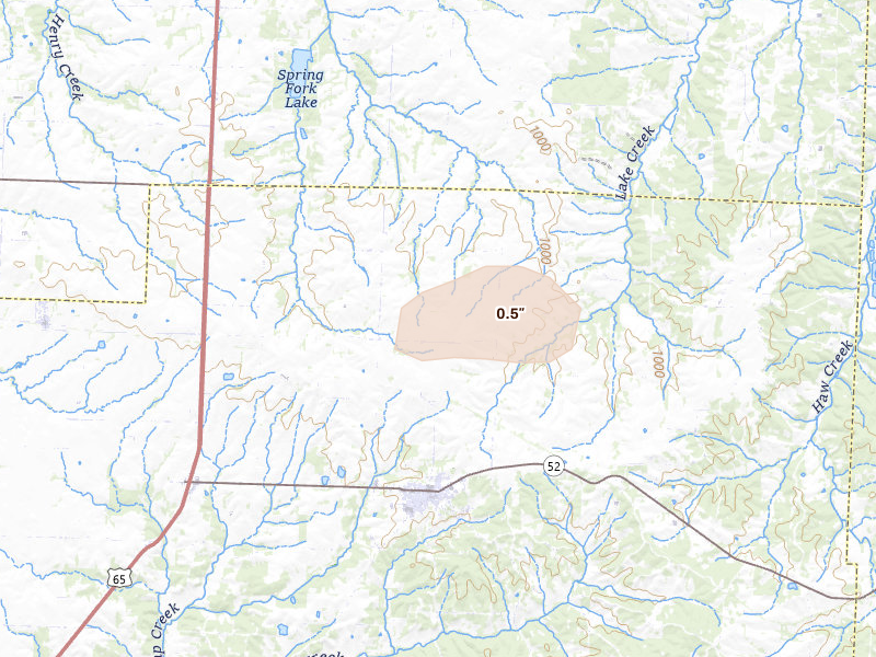 Radar-estimated hail-size map of the storm over Mora, MO on Jul 8, 2026