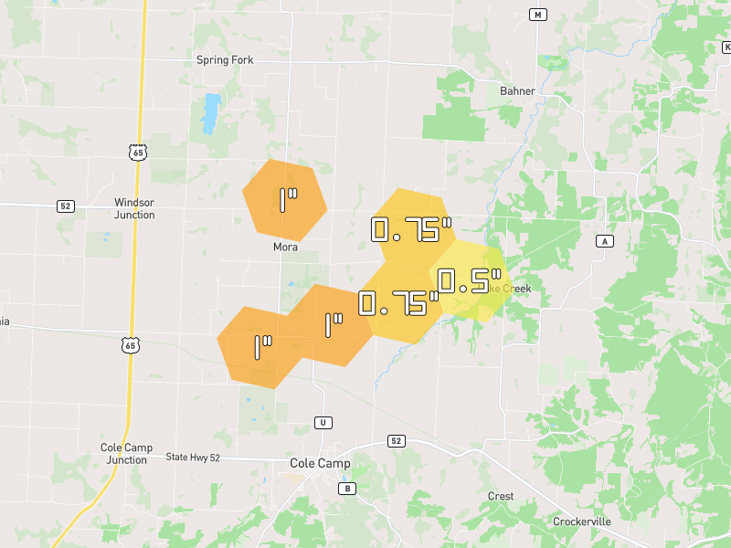 Hail map of Mora, MO on Jul 9, 2026, hail up to 1"