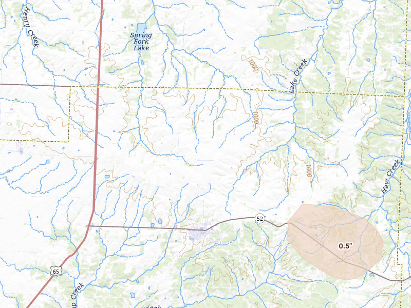 Radar-estimated hail-size map of the storm over Mora, MO on Jul 10, 2026