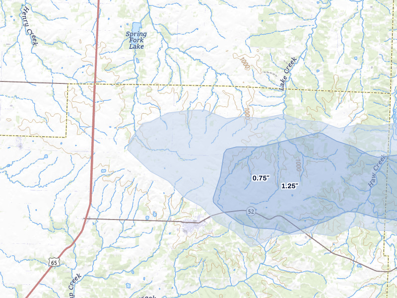 NEXRAD radar-signature map of the hail storm over Mora, MO on Jul 10, 2026