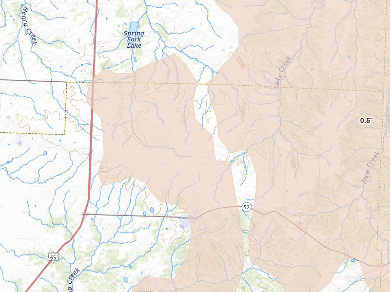 Radar-estimated hail-size map of the storm over Mora, MO on Aug 18, 2026