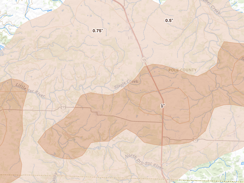 Radar-estimated hail-size map of the storm over Morrisville, MO on Apr 26, 2026