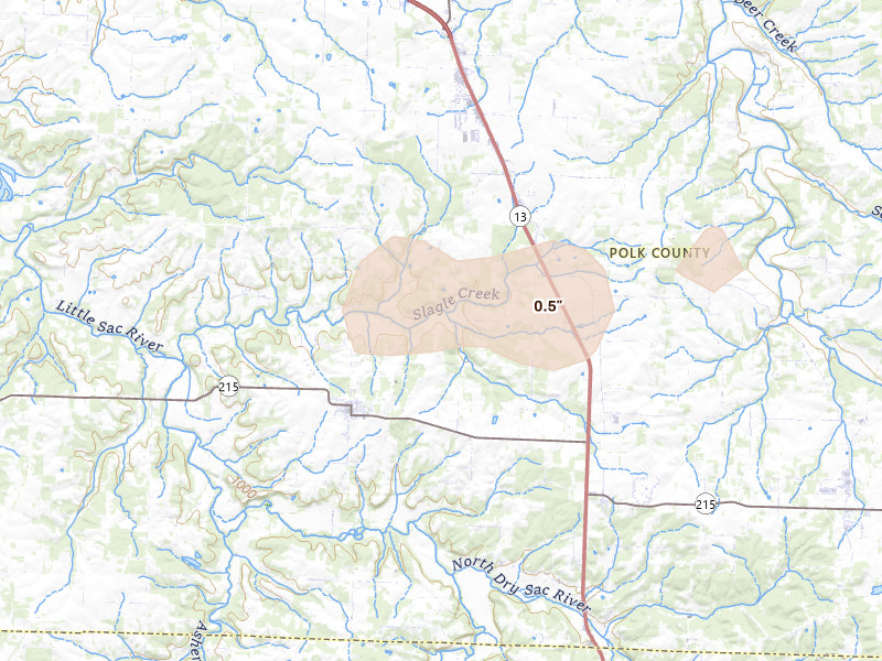 Radar-estimated hail-size map of the storm over Morrisville, MO on Jul 10, 2026