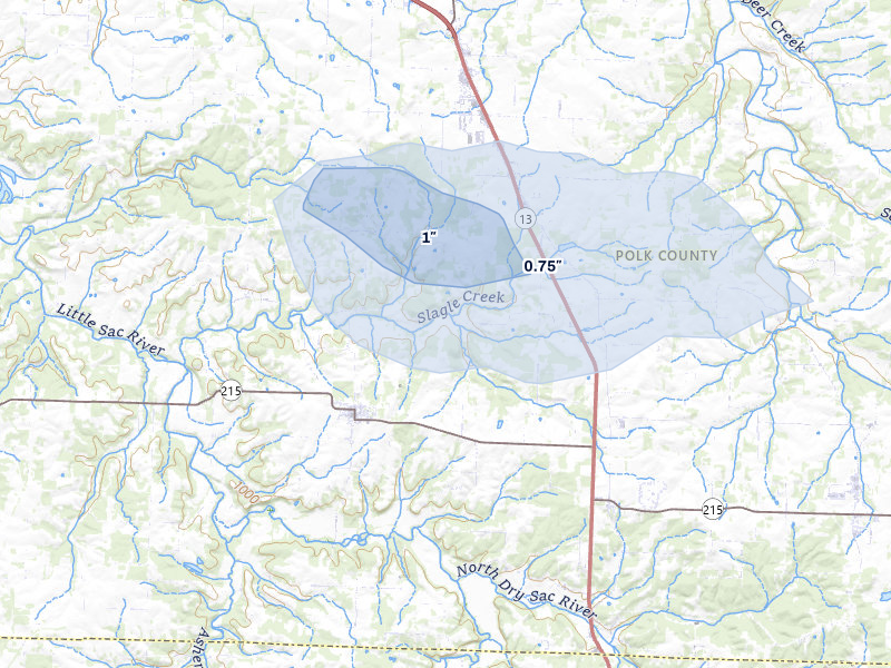 NEXRAD radar-signature map of the hail storm over Morrisville, MO on Jul 10, 2026