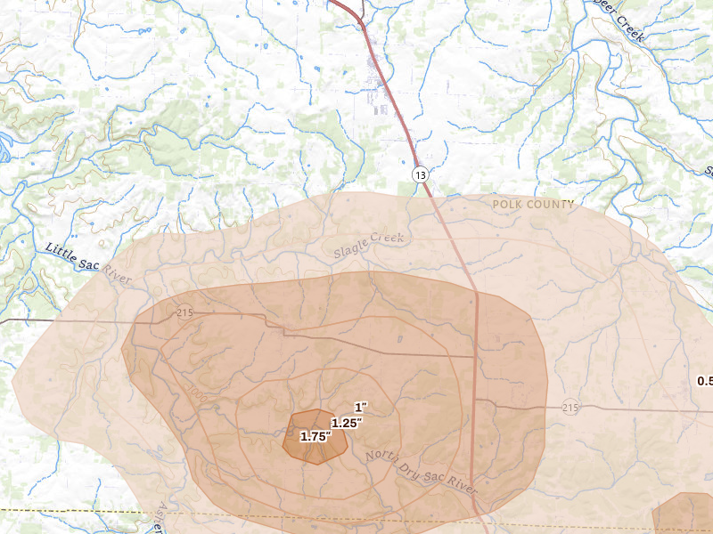 Radar-estimated hail-size map of the storm over Morrisville, MO on Aug 6, 2026