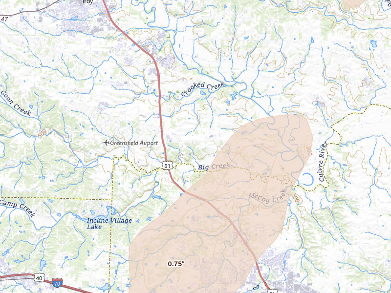 Radar-estimated hail-size map of the storm over Moscow Mills, MO on Apr 17, 2026