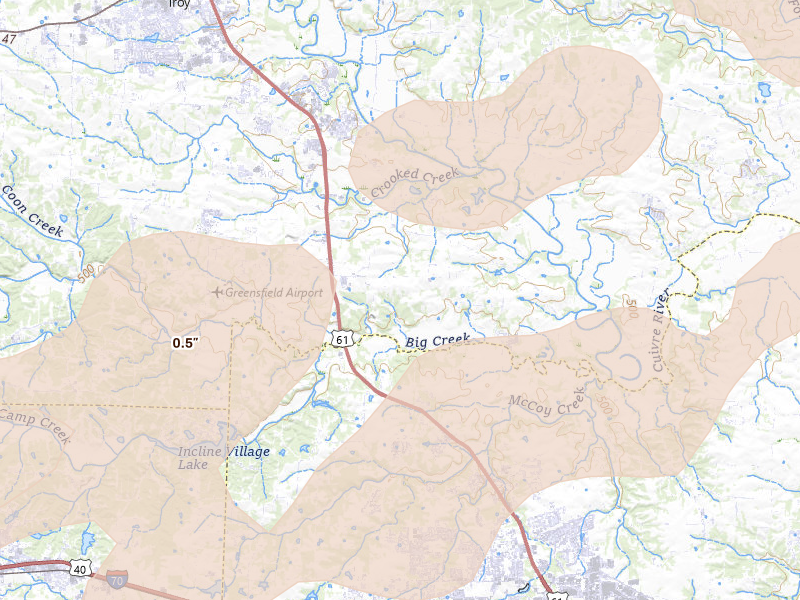 Radar-estimated hail-size map of the storm over Moscow Mills, MO on Apr 27, 2026