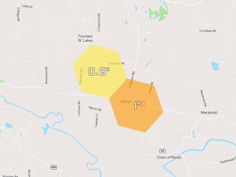 Hail map of Moscow Mills, MO on Jul 11, 2026, hail up to 1"