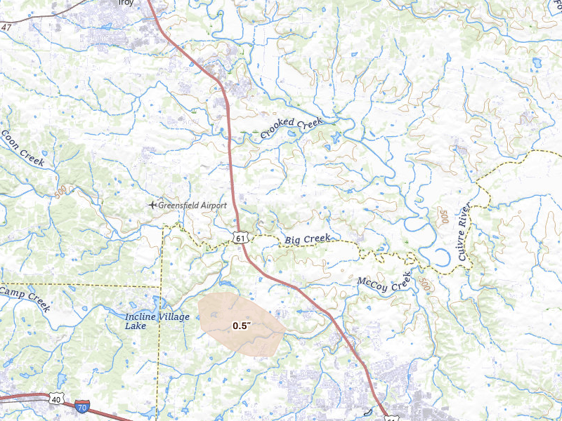 Radar-estimated hail-size map of the storm over Moscow Mills, MO on Aug 12, 2026