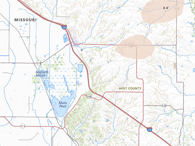 Radar-estimated hail-size map of the storm over Mound City, MO on Mar 5, 2026