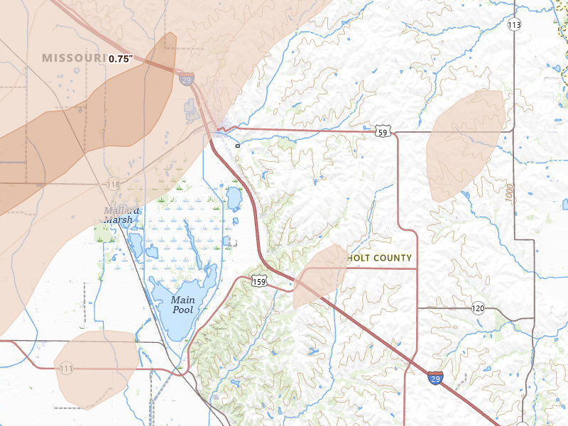 Radar-estimated hail-size map of the storm over Mound City, MO on Apr 23, 2026