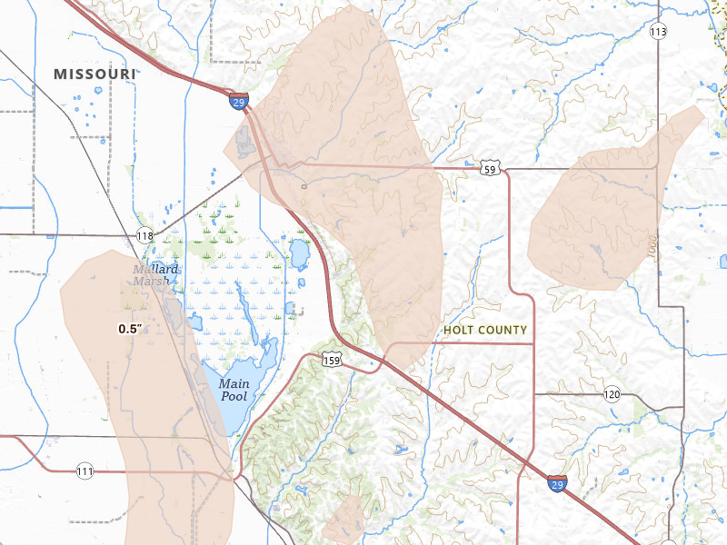 Radar-estimated hail-size map of the storm over Mound City, MO on May 18, 2026