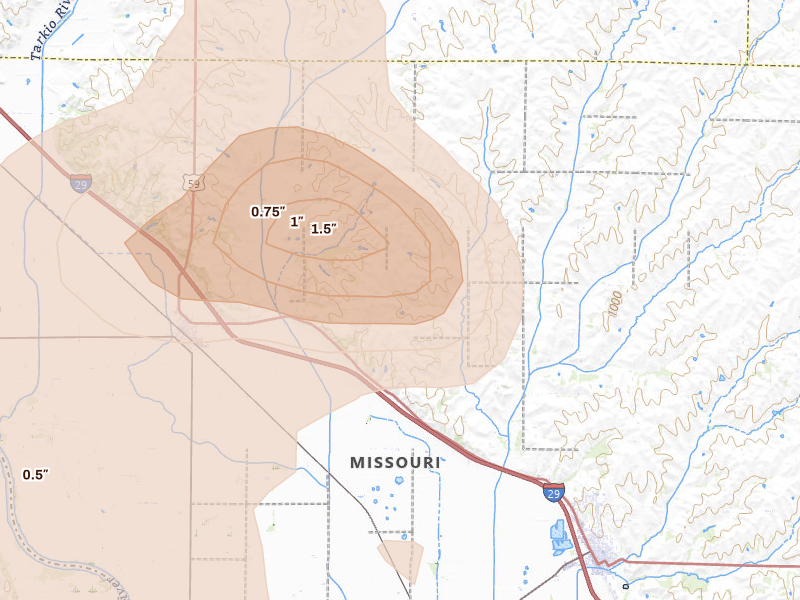 Radar-estimated hail-size map of the storm over Mound City, MO on Aug 9, 2026