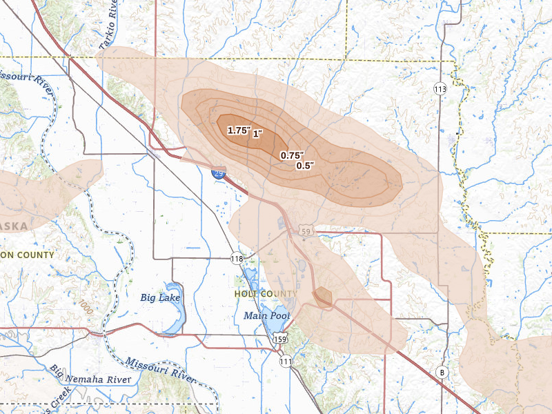 Radar-estimated hail-size map of the storm over Mound City, MO on Aug 19, 2026
