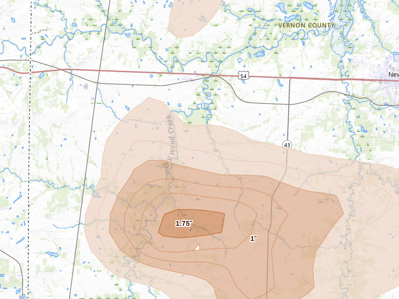 Radar-estimated hail-size map of the storm over Moundville, MO on May 30, 2026